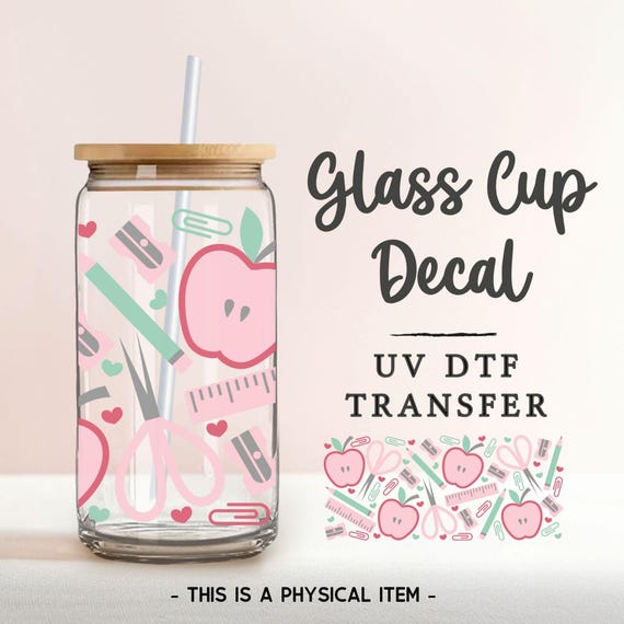 School Supplies UV DTF Glass Can Wrap for 16 oz Libbey Beer Can, Sticker, Permanent Adhesive Decal, No Heat, Waterproof, Teacher Gift
