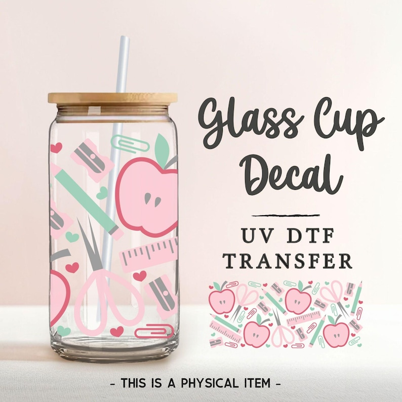School Supplies UV DTF Glass Can Wrap for 16 oz Libbey Beer Can, Sticker, Permanent Adhesive Decal, No Heat, Waterproof, Teacher Gift image 1