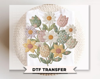 Faux Patchwork Quilted Flowers DTF Transfer, Ready to Press, Cottagecore Tshirt Design