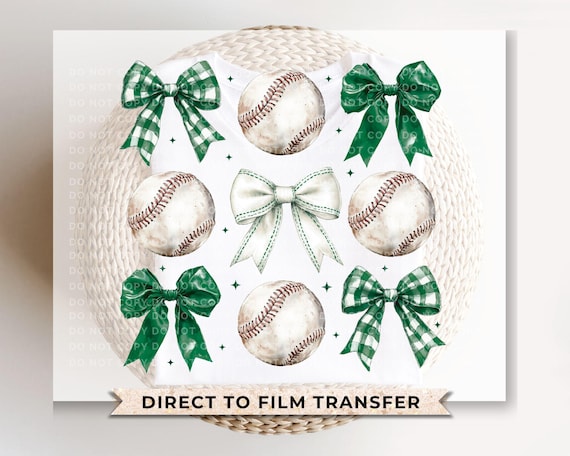 Baseball DTF Transfer, Ready to Press, T-shirt Transfer, Heat Transfer, Direct to Film, Sport Mama Apparel,Green Coquette Baseballs and Bows