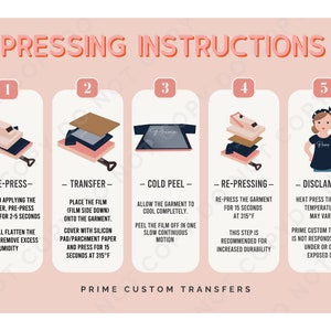 May include: A pink and white infographic with five steps for pressing a heat transfer onto a garment. The steps are labeled "Pre-Press", "Transfer", "Cold Peel", "Re-Pressing", and "Disclaimer".