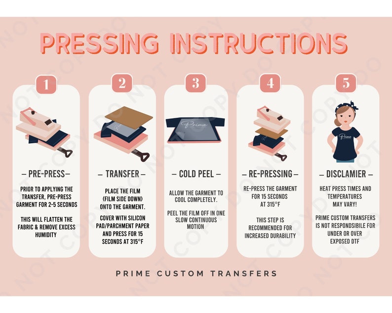 May include: A pink and white infographic with five steps for pressing a heat transfer onto a garment. The steps are labeled "Pre-Press", "Transfer", "Cold Peel", "Re-Pressing", and "Disclaimer".