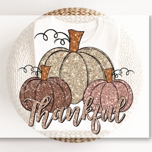 May include: A white t-shirt with a design of three glitter pumpkins and the word "Thankful" in a cursive font.
