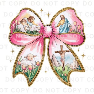 K&ouml;nnte beinhalten: Eine rosafarbene Schleife mit goldenen Glitzerakzenten zeigt Bilder von Jesus, L&auml;mmern und einem Kreuz. Die Schleife ist ein religi&ouml;ses Osterdesign.