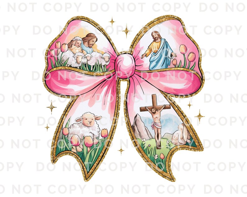 K&ouml;nnte beinhalten: Eine rosafarbene Schleife mit goldenen Glitzerakzenten zeigt Bilder von Jesus, L&auml;mmern und einem Kreuz. Die Schleife ist ein religi&ouml;ses Osterdesign.