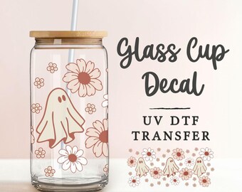 Halloween Cute Boho Ghost UV DTF Glass Can Wrap for 16 oz Libbey Beer Can, Sticker, Permanent Adhesive Decal, No Heat, Waterproof, Holiday