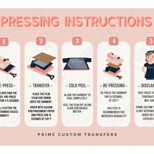 May include: Illustrated pressing instructions for custom transfers. Steps include pre-press, transfer, cold peel, re-pressing, and a disclaimer. The instructions are displayed on a pink background with white text and illustrations.