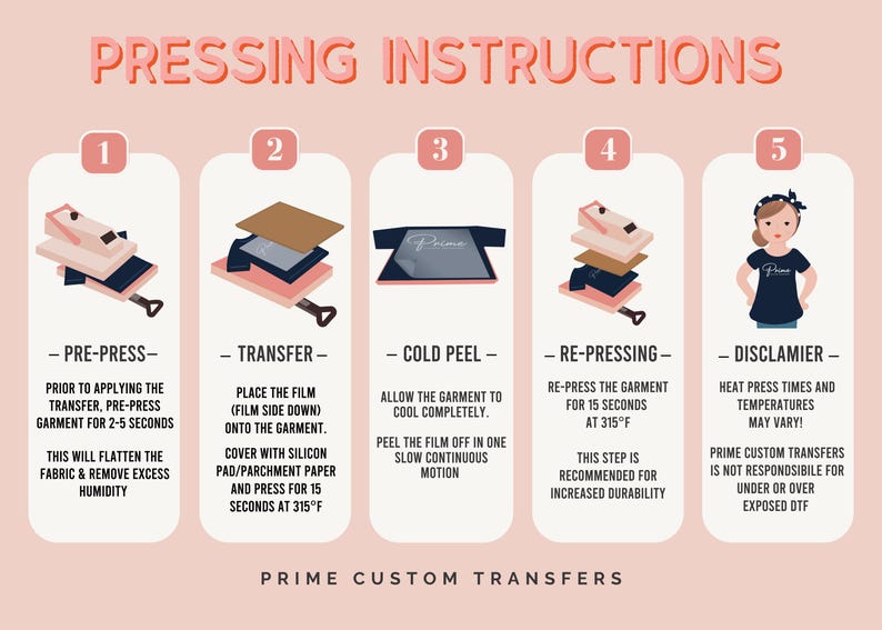May include: Illustrated pressing instructions for applying heat transfer vinyl. Steps include pre-press, transfer, cold peel, re-pressing, and disclaimer. The instructions are on a light pink background with the text "PRESSING INSTRUCTIONS" at the top.