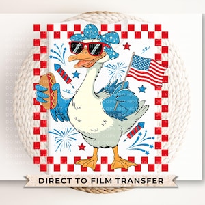 May include: A cartoon goose wearing sunglasses and a red, white, and blue bandana holds a hot dog in one hand and a small American flag in the other. The goose is standing on a red and white checkered background with fireworks and stars.