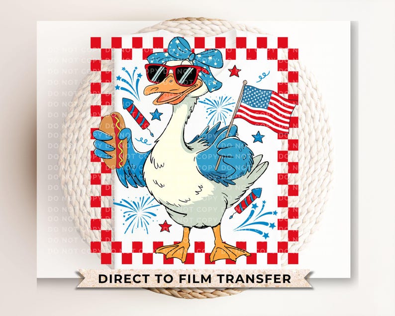 May include: A cartoon goose wearing sunglasses and a red, white, and blue bandana holds a hot dog in one hand and a small American flag in the other. The goose is standing on a red and white checkered background with fireworks and stars.