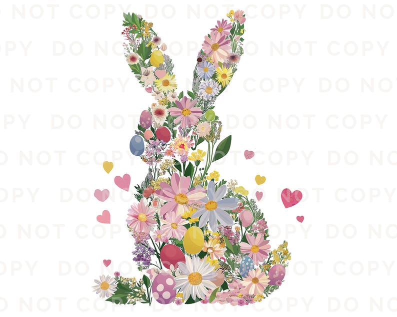 Op de afbeelding: Een roze en witte bloemstuk in de vorm van een konijn. De bloemen zijn in een speels ontwerp gerangschikt met pastelkleuren en groene bladeren.