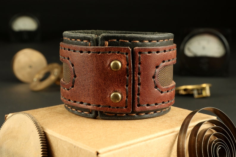 Steampunk bracelet, Brown leather bracelet, Leather wrist cuff, Leather gift, High quality bracelet, Leather jewelry, Leather accessories image 3