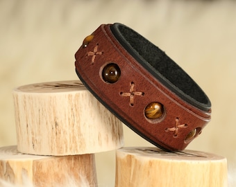 Brown leather bracelet, Tiger eye bracelet, Leather wrist cuff, High quality bracelet, Leather jewelry, Leather accessories