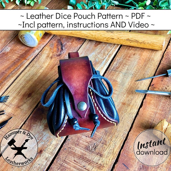 Leren patroon voor dobbelstenenzakje met trekkoord en riemlus. Leathercraft sjabloon, DIY medicijntas, A4 PDF, direct downloaden,