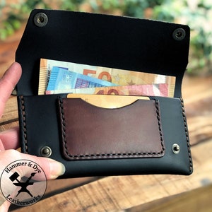 Cartera de motociclista de cuero negro y marrón para hombre, billetera larga sencilla hecha a mano, monedero unisex minimalista, estuche de cuero para medicamentos