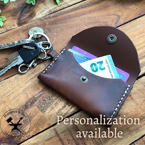 Personalized Brown Leather Keyring Wallet, Handmade Minimalist Keychain Credit Card Holder, Compact Key ring Purse, Travel Cardholder