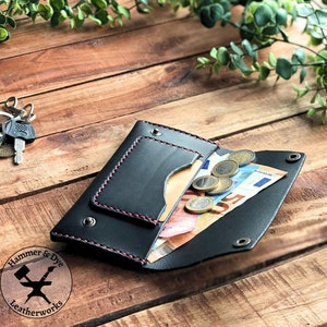 Cartera larga sencilla de cuero negro, monedero minimalista hecho a mano, cartera de motociclista o camionero para hombre cosida a mano, regalo para esposo, tío o hermano.