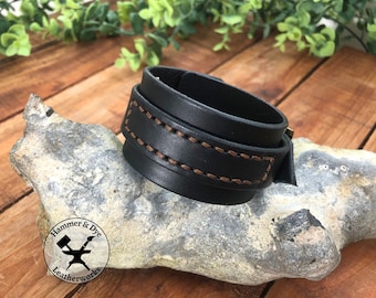 Black Leather Cuff Bracelet with Buckle Closing, Adjustable Wide Unisex Wristband, Handmade Rock-Style Armband