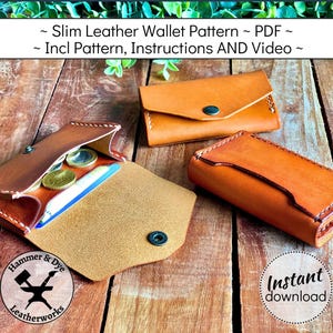 Patrón de cuero para una billetera delgada con un bolsillo para monedas. Plantilla de artesanía en cuero, monedero DIY, PDF A4, descarga instantánea,