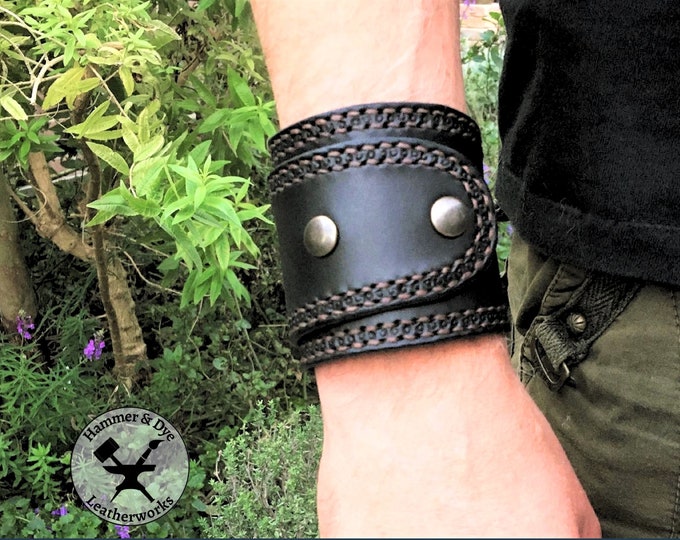 Leather Biker Style Cuff Bracelet, Wraparound Armband for Men, Rock Style Jewelry for Boyfriend, Handmade Gift for Brother