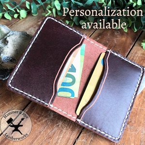 Brown Leather Minimalist Men's Wallet with 2 Card Slots, Handmade Customizable Card Holder.