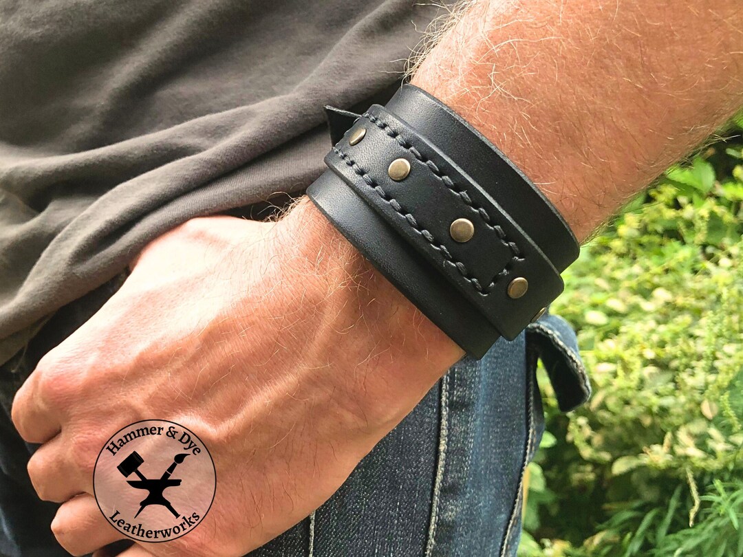 Black Leather Arm Band With Studs and Buckle Closing, Adjustable