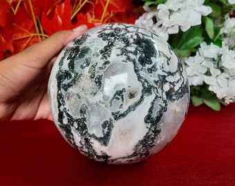 Large Druzy Moss Agate Sphere – Natural Gemstone Orb, Crystal Decor