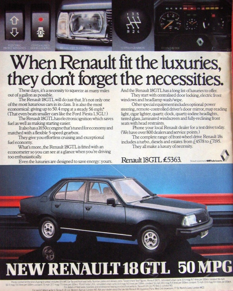 1982 Renault /'18 GTL/' Saloon Motor Car Advertisement UK Freepost Vintage Original Auto Print Ad 103-S