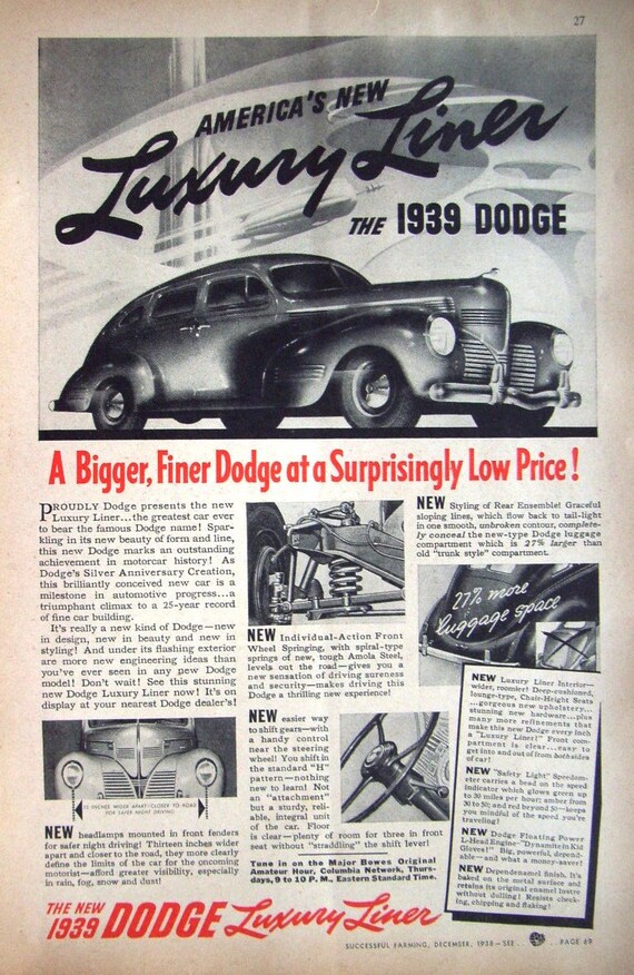1938 DODGE '1939 Model Luxury Liner' Print Ad. - Etsy België