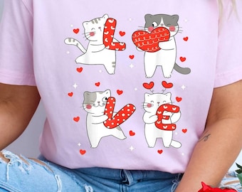 Camiseta de amor, camiseta de San Valentín con gatos, regalo para amantes de los gatos, camiseta de San Valentín para mujer, camiseta de San Valentín, camiseta linda de San Valentín para mamás, camiseta de corazones de gatos
