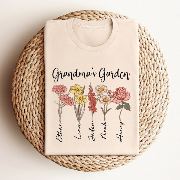 Grandma's Shirt With Custom Birth Flowers and Names, Mothers Day Gift, Unique Grandma Gift, Personalized Birthday Gift, Grandchildren