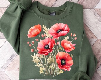 Poppy Flower Sweatshirt, Wildflower Sweater for Women, Custom Birth Month Flower, Sentimental Gift for Her, Cute Red Flower Sweater