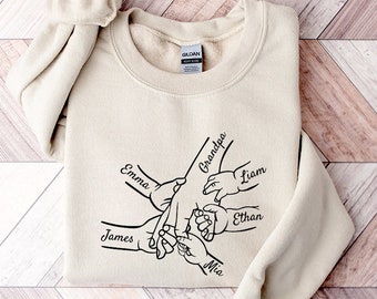Sweat personnalisé mains grand-père et enfants avec prénoms, cadeau personnalisé pour papa, cadeau d'une fille, chemise cadeau fête des pères, cadeau pour grand-père
