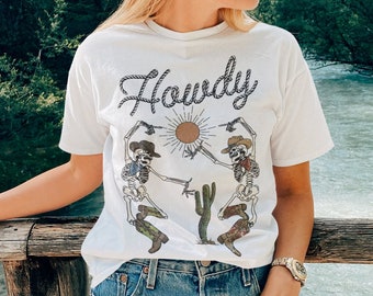 Howdy Skeleton Dancing shirt, Cowboy skeleton shirt,  Halloween Western Country Shirt, Rodeo shirt, Yeehaw Boho Shirt, Cowgirl Shirt