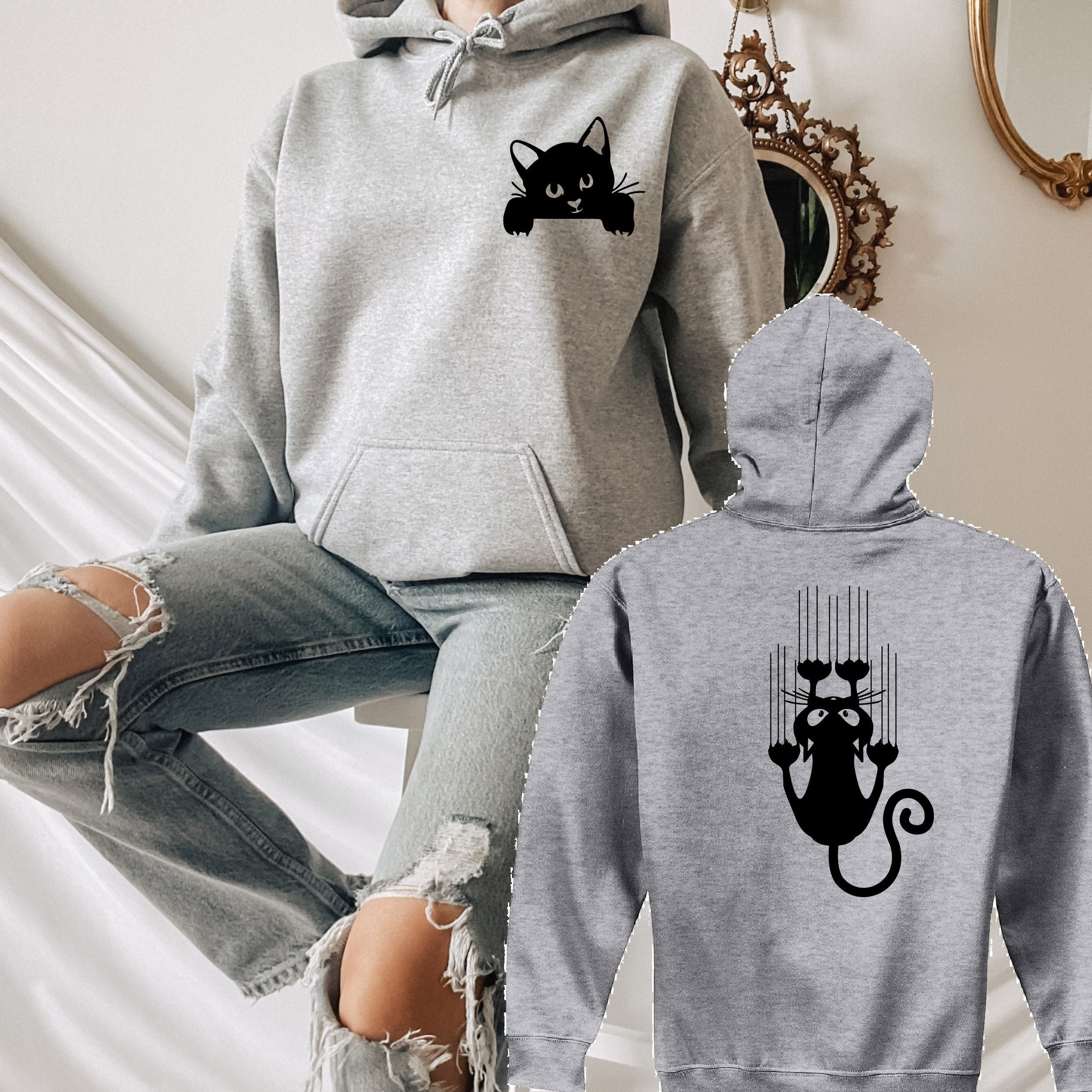 Crazy Cat Hoodie Funny Black Cat Sweat Cat Lover Sweatshirt Bothside Design Sweatshirt Aesthetic Hoodie
