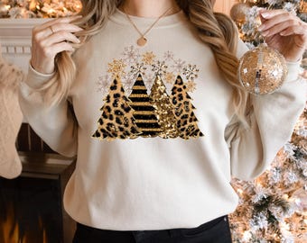 Leopard Christmas Tree Sweatshirt, Funny Christmas Shirts, Christmas Crewneck, Gift for Christmas, Christmas Shirts, Leopard Lover Mom Shirt