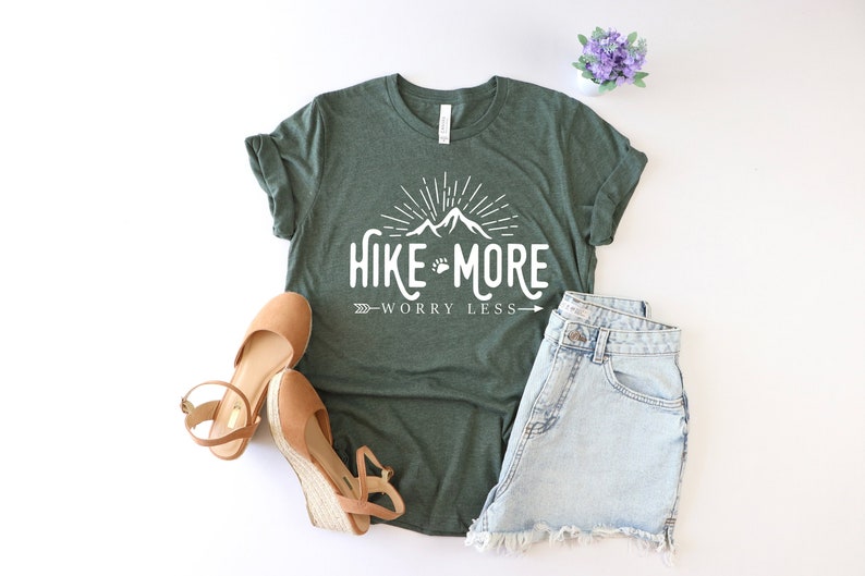 Hiking Shirt, Hike More Worry Less Ladies' Unisex T-Shirt, Adventure camping shirt, outdoors, Wanderlust shirt, arrows, women's unisex image 1