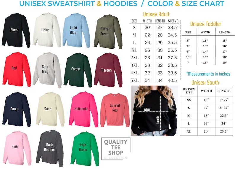 Peut inclure: Tableau des couleurs pour sweat-shirts et sweats &agrave; capuche unisexes. Le tableau pr&eacute;sente 15 couleurs diff&eacute;rentes, notamment le noir, le blanc, le bleu clair, le vert militaire, le rouge, le gris sport, le vert for&ecirc;t, le marron, le marine, le sable, l'h&eacute;liconia, le rouge &eacute;carlate, le rose, le gris fonc&eacute; et le vert irlandais. Le tableau comprend &eacute;galement des tableaux de tailles pour adultes unisexes, enfants unisexes et jeunes unisexes.