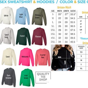 May include: Color and size chart for unisex sweatshirts and hoodies. The chart displays various colors, including black, white, red, and green. Measurements are in inches for adult, toddler, and youth sizes. The text "Quality Tee Shop Collection" is also visible.