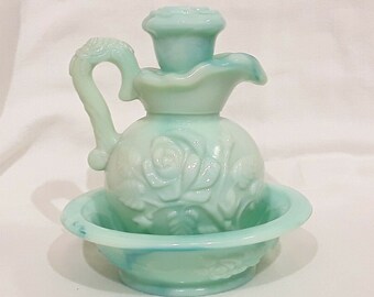 Vintage decorative Water Pitcher and Wash Bowl Basin Raised open rose green leaves and branch Scalloped edges with God Bless Our Home