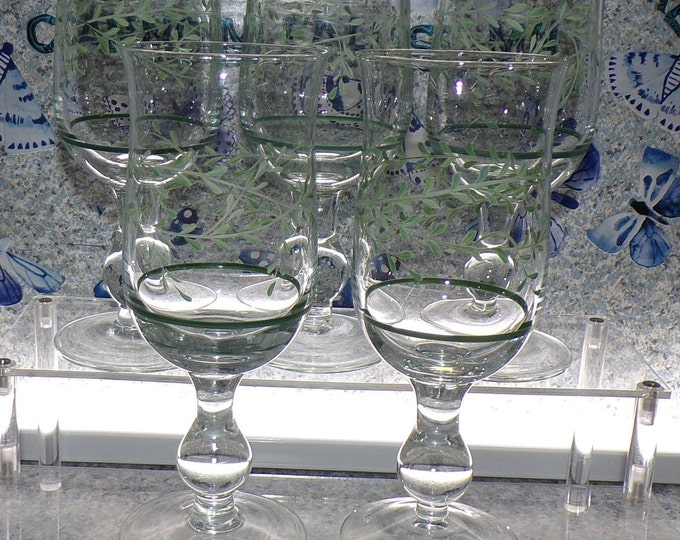 2208 Tulip Shaped Water Goblets Vintage 8" - Set of 5 Footed Stemmed Iced Tea Glasses with Painted Green Vine- No Chips or Cracks