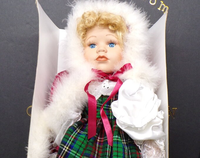2305 Collectible Porcelain Doll w/Basket - Christmas Plaid Dress Vintage 21" - Good Condition - No Certificate No Tags - Orig. Box