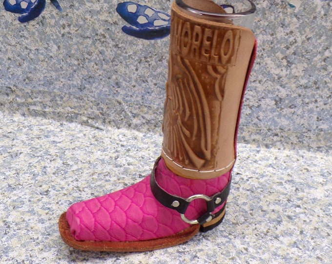 2212 Puerto Morelo Mexican Leather Wrapped 5.5" Shot Glass table decor, holder Cowboy Boot handcrafted - Great Condition