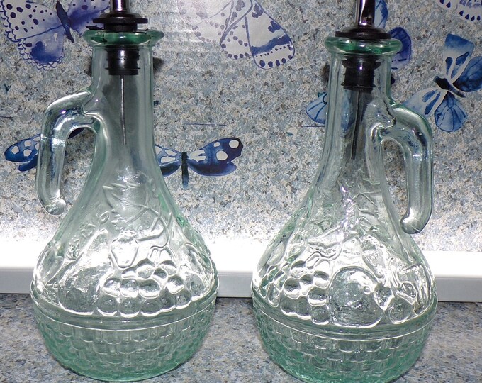 2209 Embossed Fruit Basket Pattern Green Tinted 8" Glass Cruets Set of 2 - Vinegar Bottles - No Chips or Cracks