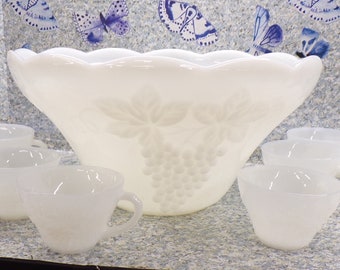 2212 Anchor Hocking Milk Glass 12" Wide x 6.5" Tall Punch Bowl w/ 9 Cups & Ladle - Vintage Harvest Grape Design - Great Condition