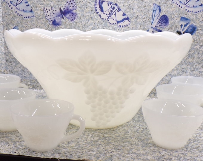 2212 Anchor Hocking Milk Glass 12" Wide x 6.5" Tall Punch Bowl w/ 9 Cups & Ladle - Vintage Harvest Grape Design - Great Condition