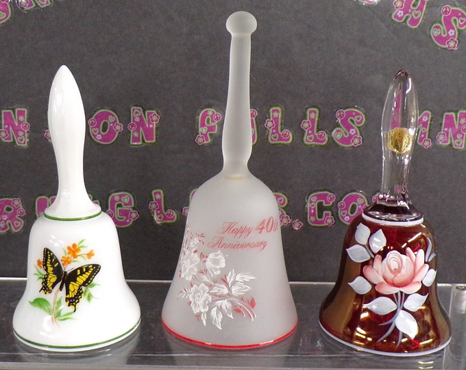 2212 Westmoreland Vintage Bells Set of 3- Pink Rose on Cranberry, Butterfly on Milk Glass, Red & White Floral "Happy 40th Anniv."- Good Cond