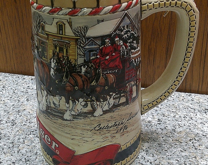 2406 Budweiser Holiday Beer Stein Mug 1986 Clydesdales Ceramarte Hand-Crafted Brazil B Series 6.5" Anheuser Busch - Great Condition