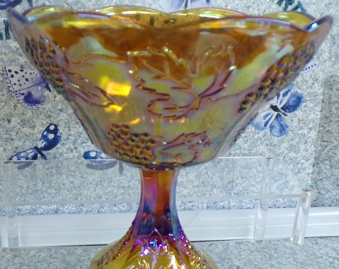 2209 Indiana Glass Amber Carnival Glass Vintage Grape & Cable Pedestal Compote/Fruit Bowl- 9"Tx8.5"W - Good Condition No Chips or Cracks