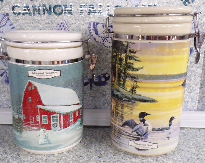 2210 Stoneware Hermetic Seal Canisters 8" Tall & 10" Tall Set of 2 - Great Condition No Chips or Cracks